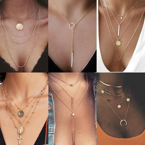 Vintage Multilayer Crystal Pendant Necklace Women Gold Color Beads Moon Star Horn Crescent Choker Necklaces Jewelry New - Odd Owl